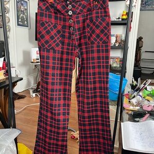 Red & Black Plaid Button-Front Wide-Leg Pants